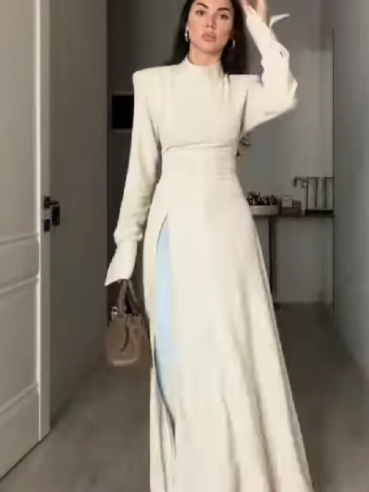 Women's Casual High Neck Long Sleeve Maxi Dress Elegant Waist Slimming Slit Hem Unique Wear Chic Lady Formal Work Meeting Outfit