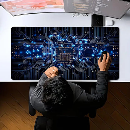 Large Gaming Mouse Pad Futuristic Tech Circuit Board Neon Chip XXL Non-Slip Rubber Keyboard Deskmat Electronic Office Table Mat