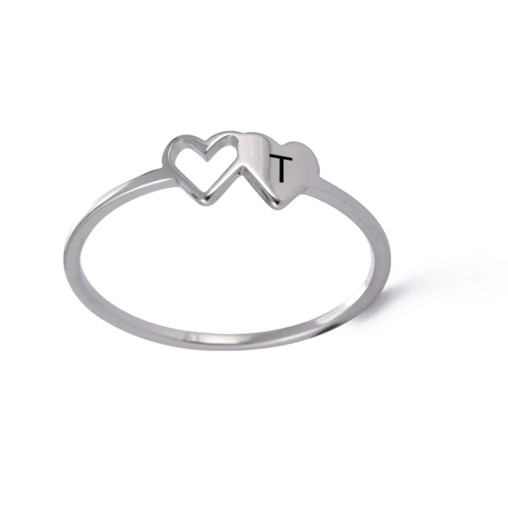 COOLTIME Initial Letter Ring for Women Stainless Steel A-Z Alphabet Double Heart Rings Simple Wedding Cheap Gift For Lover