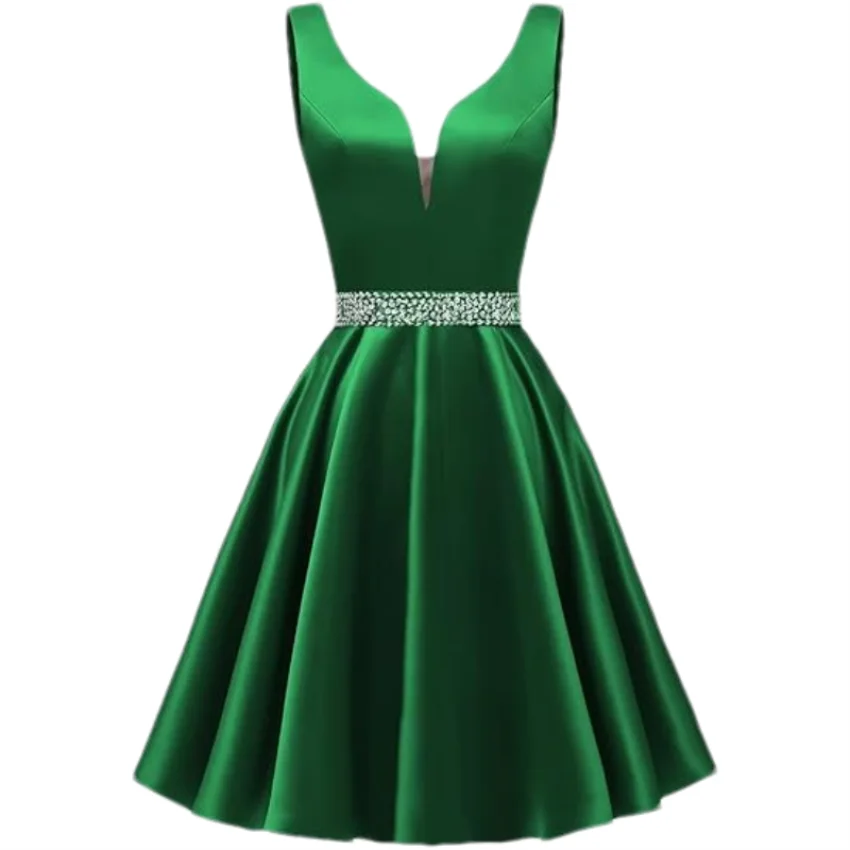 Customized Simple Satin Homecoming Dresses for Teens Short Prom Dress V-Neck Beaded Belts Evening Formal Cocktail Party Gowns