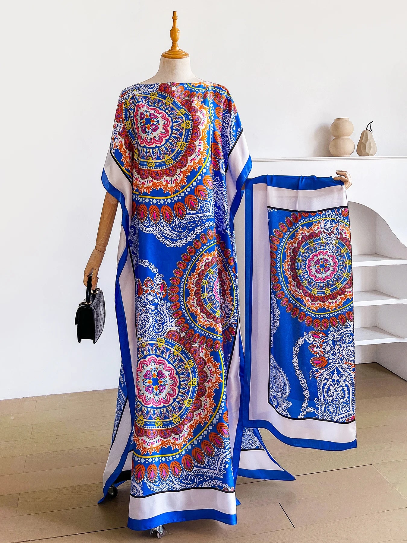 Dubai Mandala Paisley Print Abaya With Matching Scarf, Boat Neck Batwing Sleeve Loose Maxi Kaftan For African Muslim Women