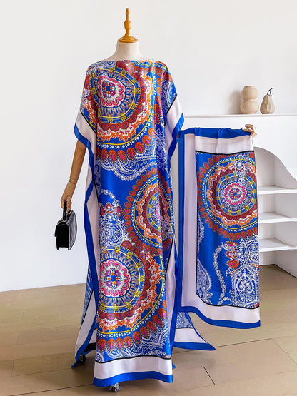 Dubai Mandala Paisley Print Abaya With Matching Scarf, Boat Neck Batwing Sleeve Loose Maxi Kaftan For African Muslim Women