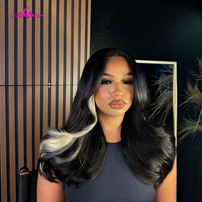 Natural color With 613 Blonde Highlight 180 Density Body Wave Human Hair Lace Front Wigs Transparent Lace For Women 13X4 13X6