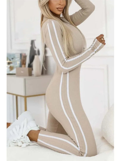 Fashion V-neck Long Sleeve Stripe Bodycon Jumpsuits 2025 Woman Autumn Winter Solid Sport Zipper Slim Jumpsuits For Women
