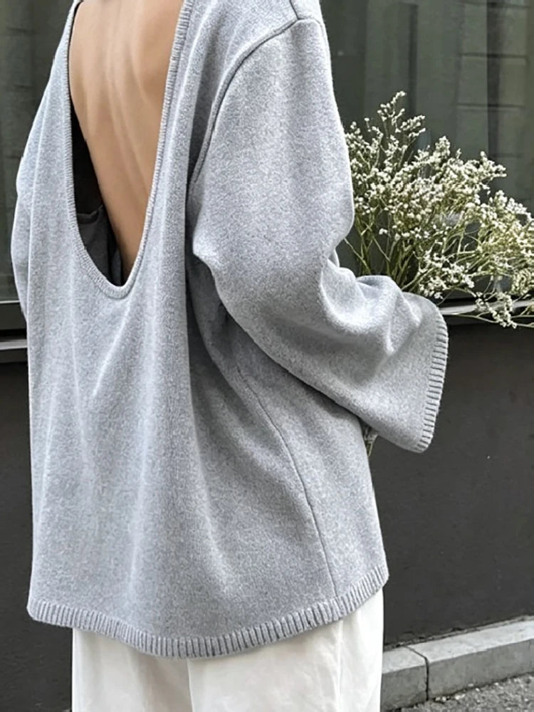 Casual Knitted Sweater Round Neck Open Back Long Sleeves Loose Pullover 2026 Autumn Fashion Daily Versatile Cardigan Top Outfit