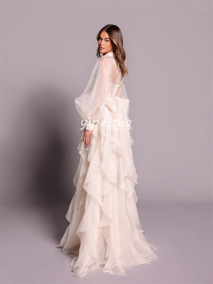 Customized Fashion Modern Style Organza Pleat Ruched Draped A-line High Collar Long Dresses Bespoke Occasion Dresses Exquisite