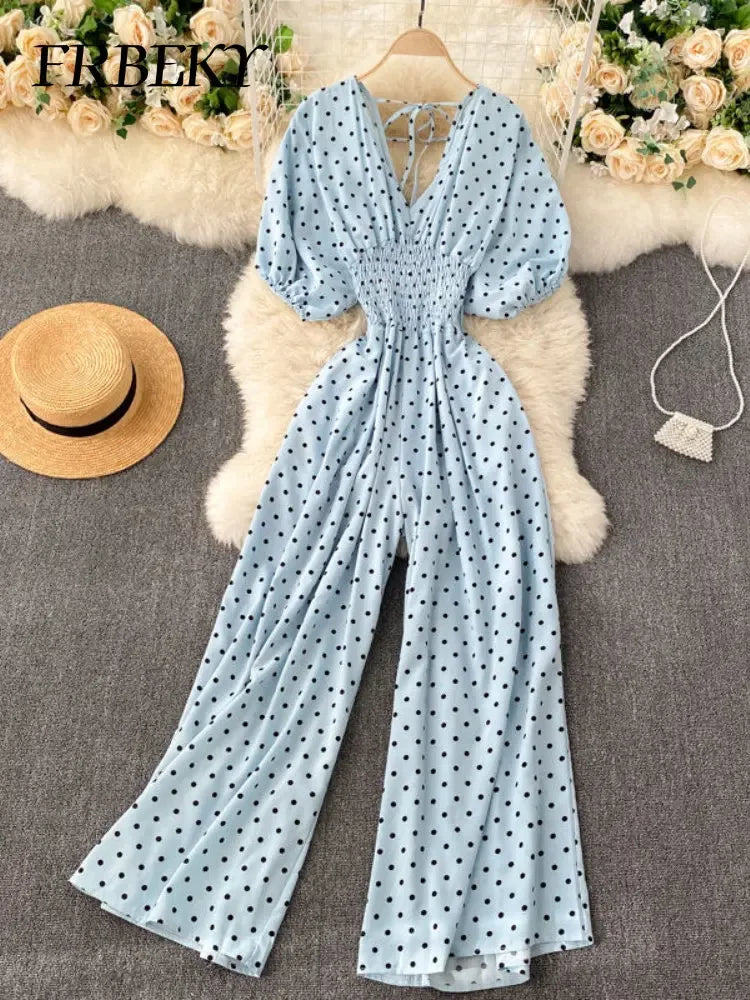 Jumpsuit Women Summer New Temperament Polka Dot V-neck High Waist Casual Wide Leg Jumpsuit Elegant Party One Piece Jumpsuits