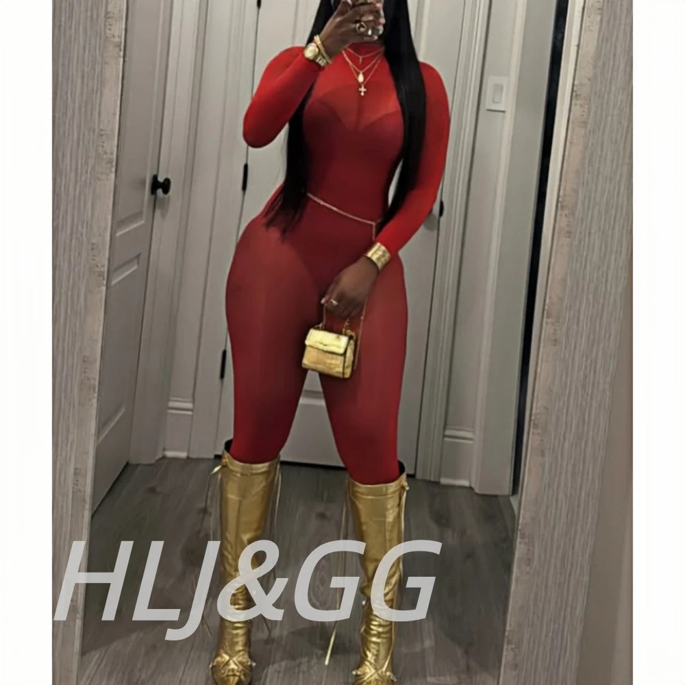HLJ&GG Sexy Mesh See Through Bodycon Jumpsuits And Bodysuits Suits Women Long Sleeve Stretchy Playsuits Party Night Club Overall