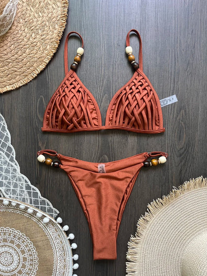 Sexy Brown Bikini Set 2026 Women Pearls Strap Hole Out Push Up Bra Thong Swimsuit Brazilian Beach Bathing Suit Micro Swimwear