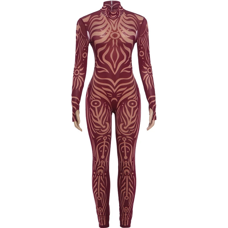 Weird Puss Sexy Striped Print Jumpsuits Women Wild Style Turtleneck Full Sleeve Midnight Party Club Stretch Streetwear Overalls