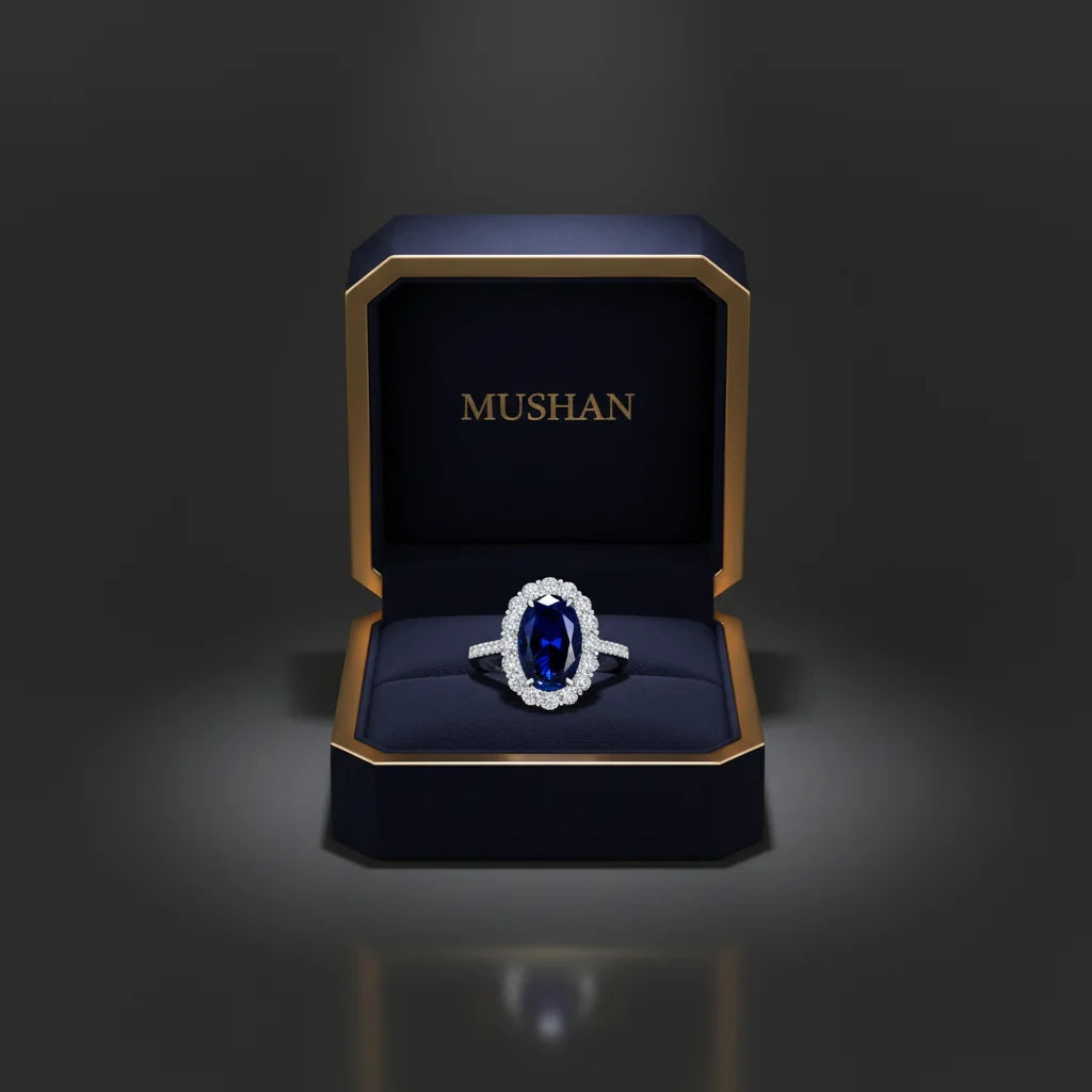 MUSHAN Luxury Jewelry 925 Sterling Silver Rings Bands For Women 4.4 Carat Blue HCD Gemstones Sapphire 8*12mm Oval Ring Jewelry