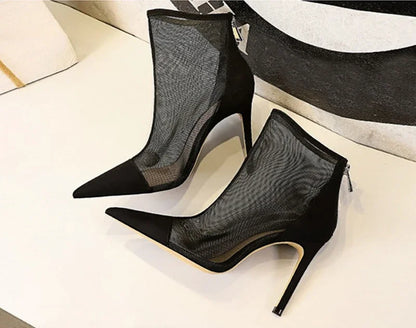 Eilyken 2026 New Spring Autumn Sexy Mesh High Heels Runway Ankle Boots For Women Pointed Toe Ladies Party Zipper Shoes