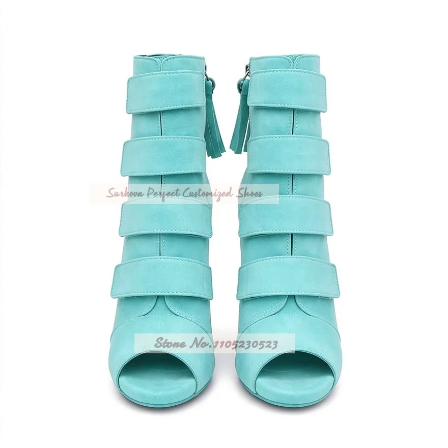 Turquoise Suede Silver Stiletto Heel Ankle Boots Open Toe Band Decor Sandal Booties Elegant Back Zipper Dress Shoes