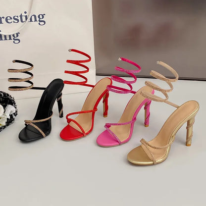 Luxury Crystal Snake Coiled Women Sandals Sexy Narrow band Thin High heels Wedding Party Female Gladiator Sandals Summer Shoes