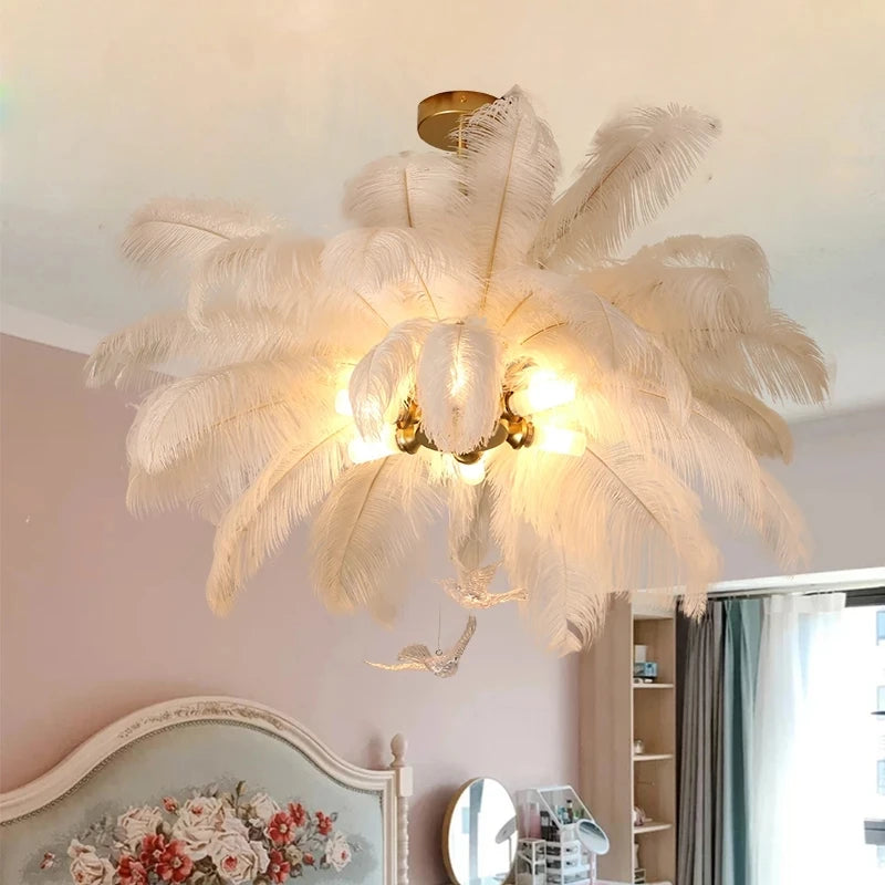 Nordic White Ostrich Feather Pendant Light Modern Led Chandelier Lights for Living Dining Room Children's Decor Hanghing Lamp