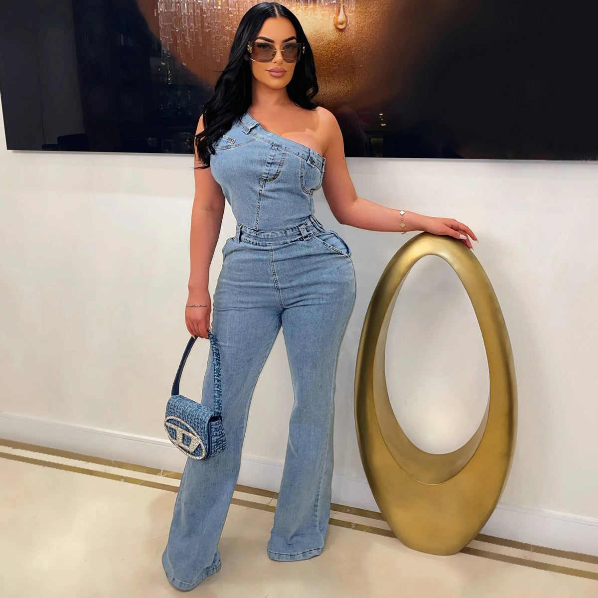 High Street Jeans Stretch Romper Sexy Women One Shoulder Elegant Denim Casual Romper Overalls