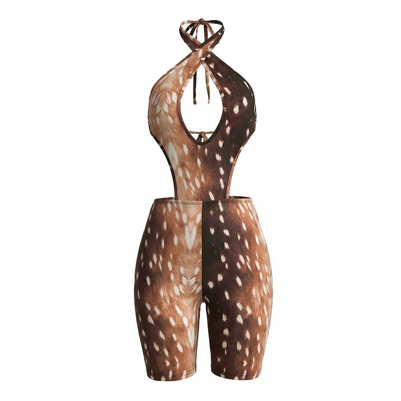 FAGADOER Deer Print Sexy Hollow Out Romper Hot Girl Bandage Halter Shorts Backless Bodycon Jumpsuits New Trendy Streetwear