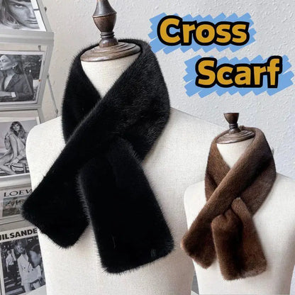Korean Women Winter Warm Thicken Cross Collar Scarf Imitation Faux Rabbit Fur Scarf Solid Furry Neck Warmer Cold Proof Scarves