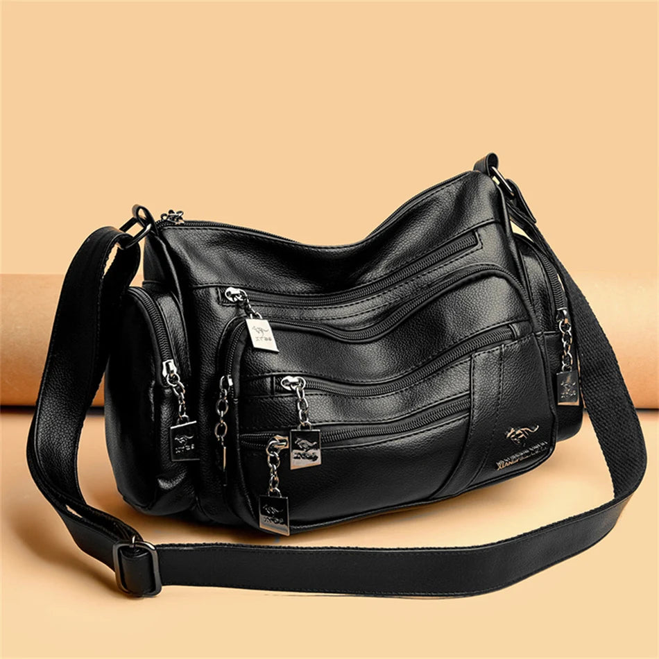 Many Pockets Women Leather Top-handle Bag Luxury Designer Female Shoulder Messenger Shopper Bags Brand Ladies Crossbody Handbags