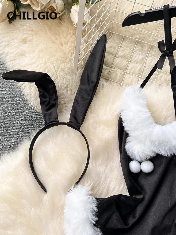 CHILLGIO Women Sexy Christmas One Piece Bodysuits Satin Tight Onesie Hot Bunny Catsuits Fashion Fur Combination Strappy Rompers