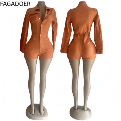 FAGADOER Trendy Denim Bodycon Rompers Women Button Stretchy One Piece Jeans Jumpsuits Fashion Female Streetwear Overalls New