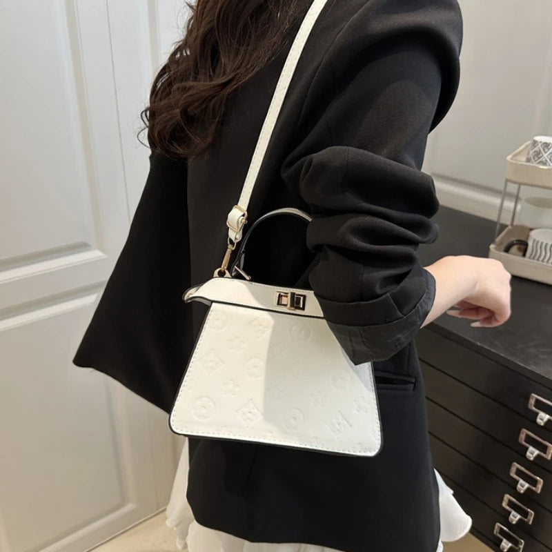 Fashion Embossed Top Handle Bags for Women,Metal Turn Lock Handbag, Adjustable Crossbody Strap,versatile Purse for Daily Outings