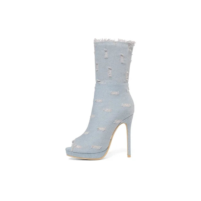 QPLYXCO Ankle Boots Women High Heels11.5cm Super Plus Size 50 51 52 Sexy Fashion Open Toe Party Spring Summer Short Boots 19-18