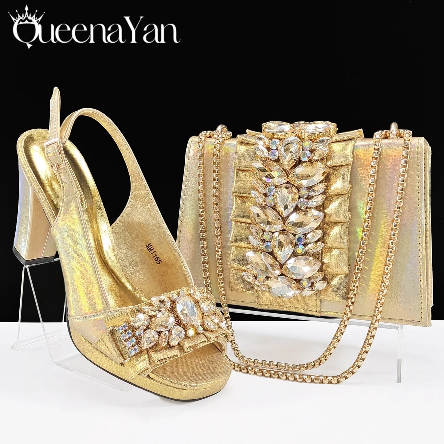 Queena Yan New Arrival Mature Elegant Silver Color Rhinestore Design Party Wedding Lady Shoes and Bag Set for Platform Design