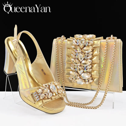Queena Yan New Arrival Mature Elegant Silver Color Rhinestore Design Party Wedding Lady Shoes and Bag Set for Platform Design