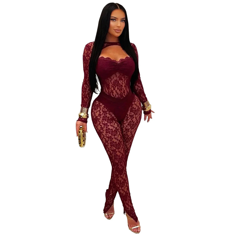 FLARORA Sexy Lace Hollow See Through Jumpsuits Woman O Neck Full Sleeve Peach Hip Slim Jumpsuit Midnight Party Clubwear Overalls