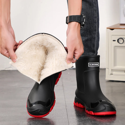 Mens High Top Rain Boots Mid Tube Couple Chef Shoes Thick Soled Long Tube Boot Outdoor Plush Warm Casual Boots Winter Water Shoe