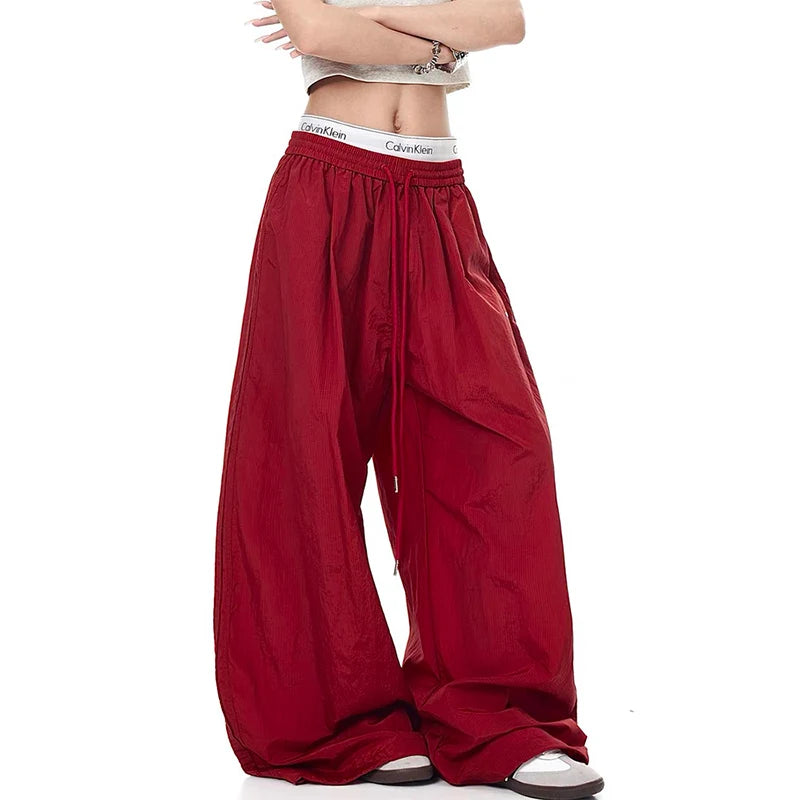 Women's Red Goth Sweatpants Baggy Parachute Pants Harajuku Oversize Dance Pants Japanese 2000s Style Y2k Vintage Emo Trousers