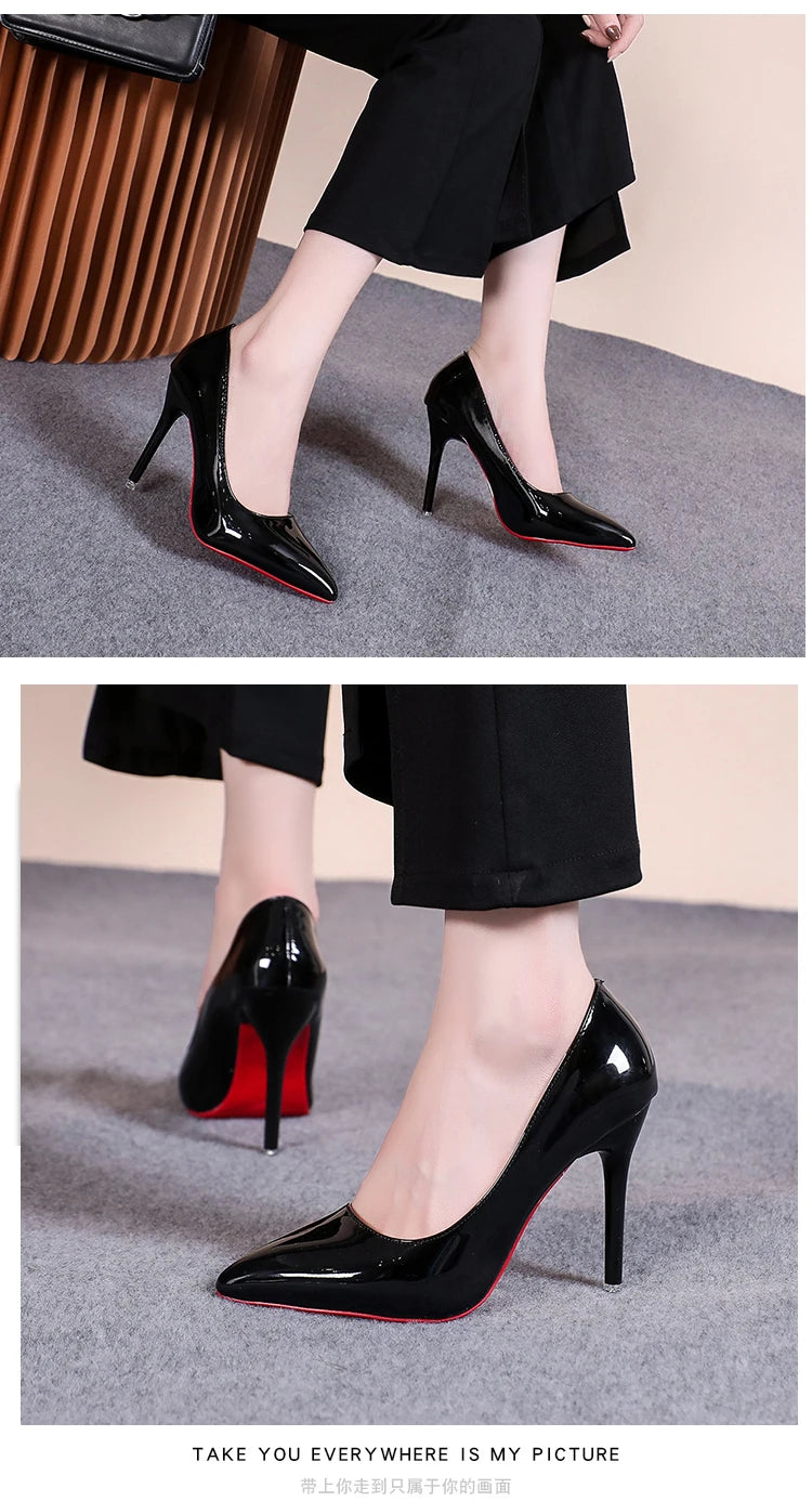 Sexy Pointed Toe Patent Leather High Heels Temperament Girl Red Sole Party Dress Stiletto Pumps Classic Black Work Single Shoes
