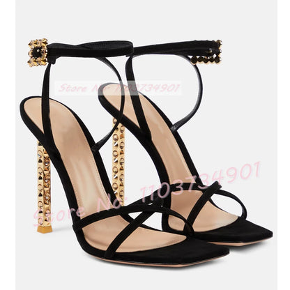 Metal Heels With Rivets Sandals Women Belt Buckle Square Toe Ankle Strap Stiletto Shoes Lady Sexy Luxury Party Elegant Sandals