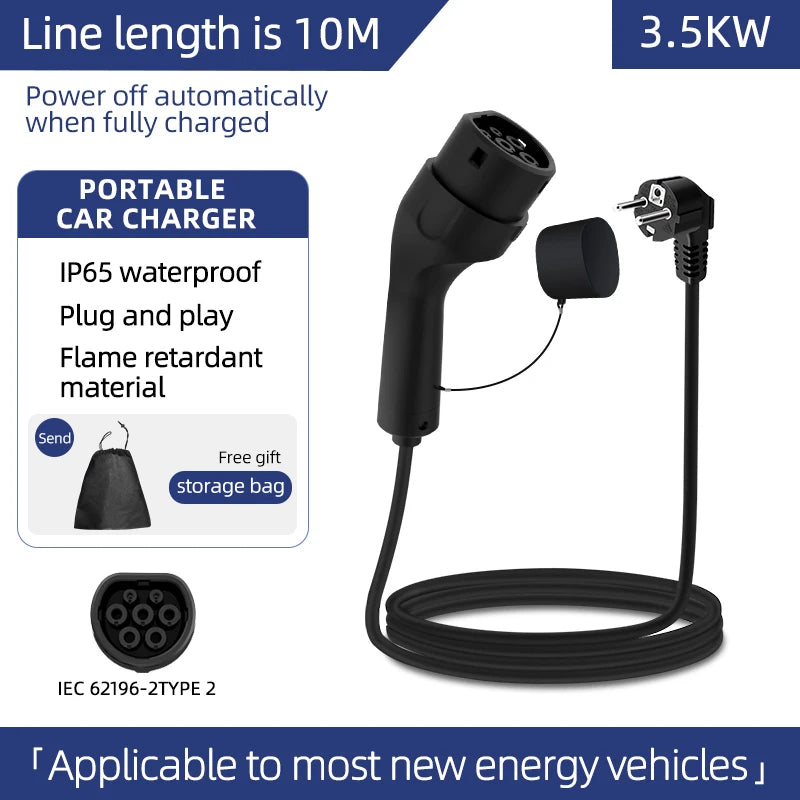 Portable 3.5KW 16A EV Charger with 3M-20M Cable Type2 IEC62196 EU Plug Wallbox Adapter Plug And Charge for Electric Vehicles
