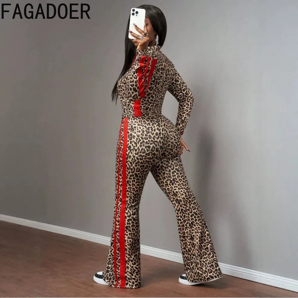 FAGADOER Women Leopard Print 3 Piece Outfit Tube Top Long Sleeve Zip Jacket High Waist Pants Sexy Y2K Clubwear Streetwear Set