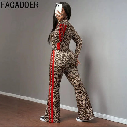 FAGADOER Women Leopard Print 3 Piece Outfit Tube Top Long Sleeve Zip Jacket High Waist Pants Sexy Y2K Clubwear Streetwear Set