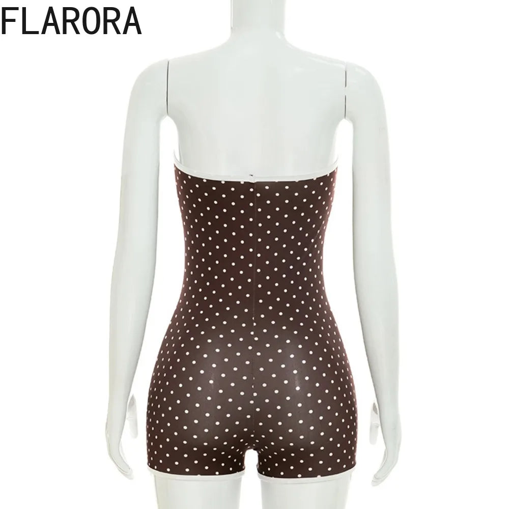 FLARORA Sexy Polka Dot Print Rompers Woman Off Shoulder Sleeveless Backless Skinny Peach Hip Playsuits Hottie Trend Streetwear
