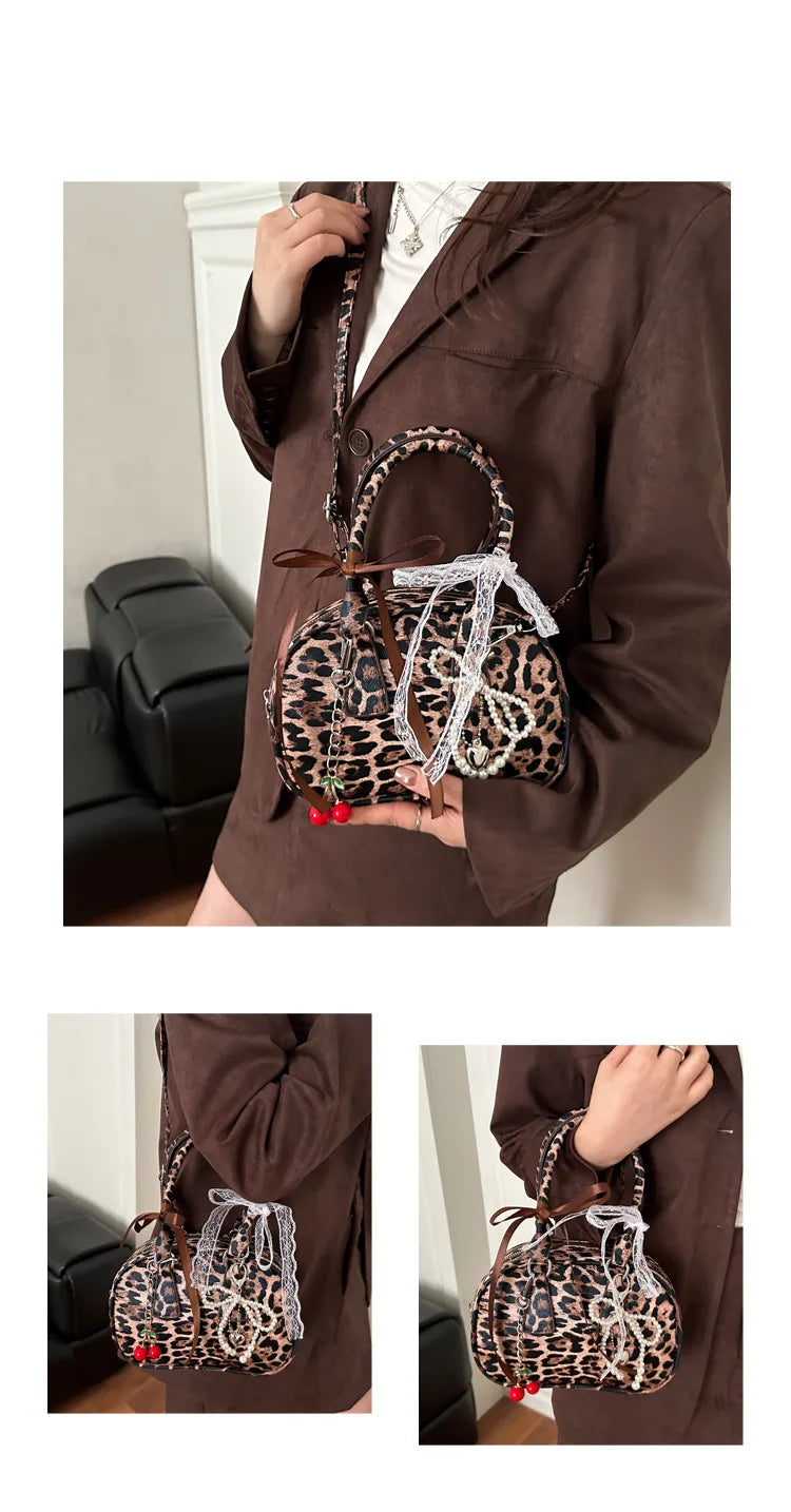 Vintage Leopard Pu Shoulder Bags for Women Portable Trendy Ladies Crossbody Bag Lace Pearl Pendant Female Bowling Handbags