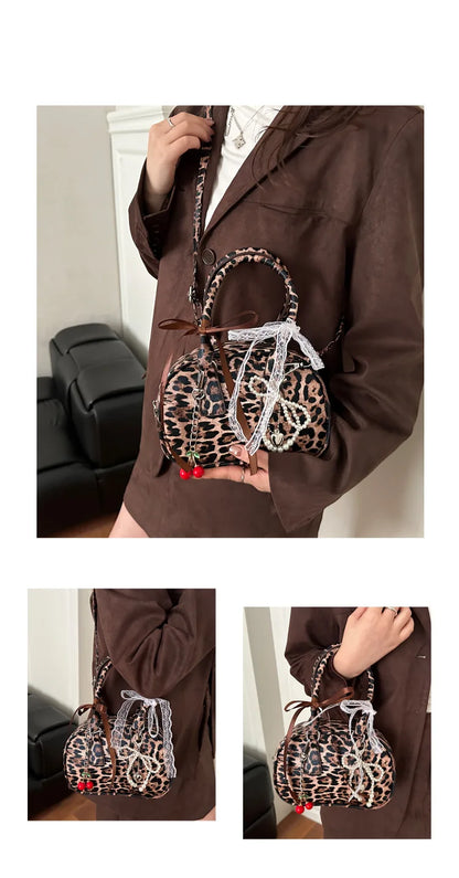 Vintage Leopard Pu Shoulder Bags for Women Portable Trendy Ladies Crossbody Bag Lace Pearl Pendant Female Bowling Handbags
