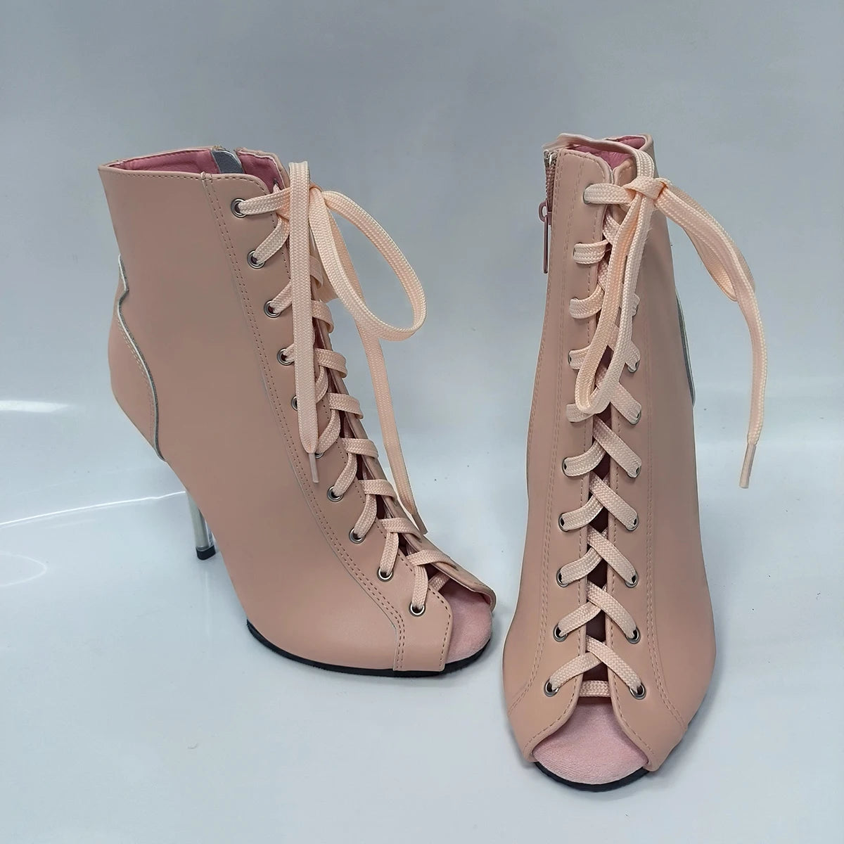 Pink 12cm high-heeled shoes,Twisted buttocks dance modeling performances 5 inch transparent soles sexy Fetish short Ankle Boots