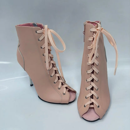 Pink 12cm high-heeled shoes,Twisted buttocks dance modeling performances 5 inch transparent soles sexy Fetish short Ankle Boots