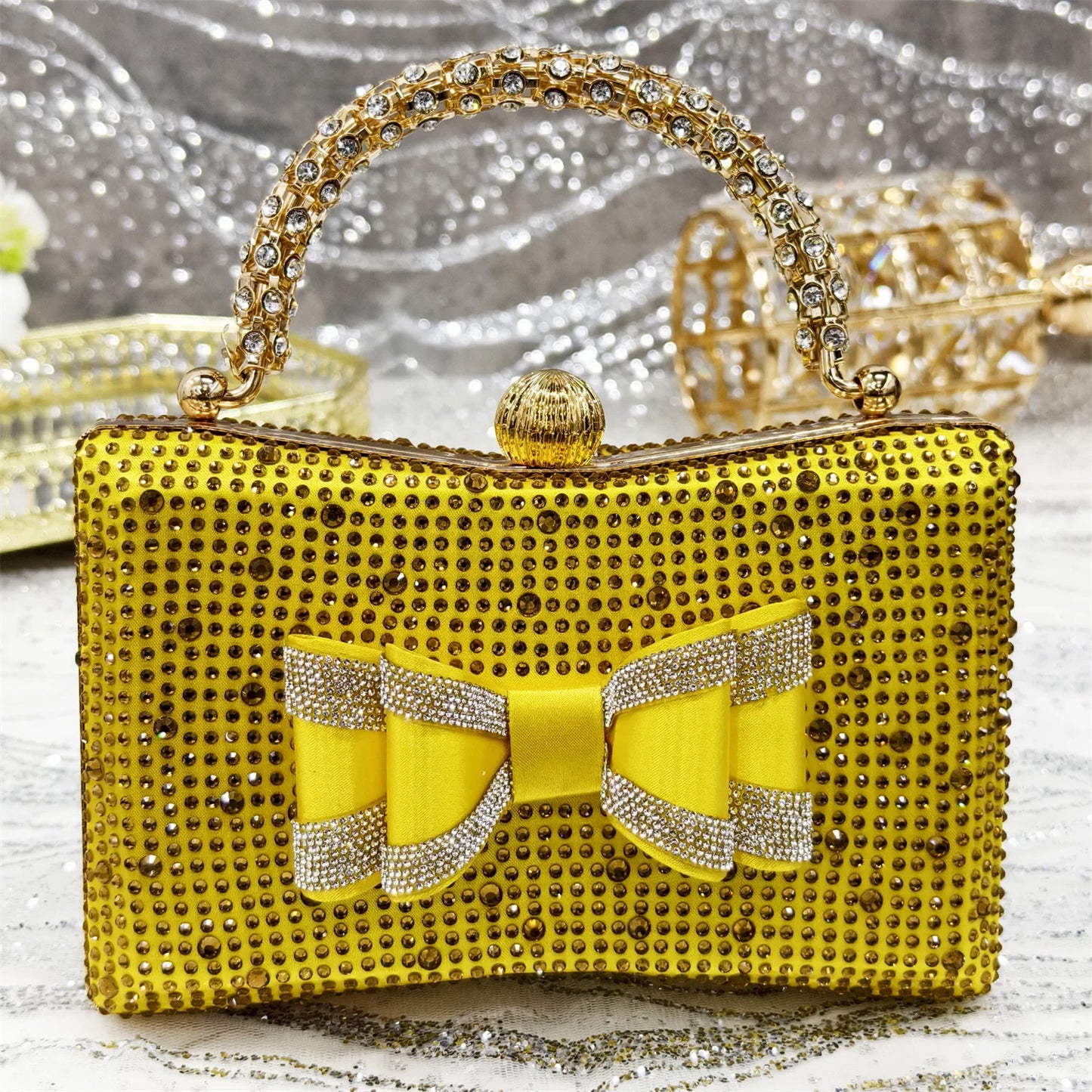 Elegant Gold Satin Rhinestone Bow Slingback Heel & Clutch Bag Set, Women Bridal Matching Kit For Wedding Party Evening Prom Form