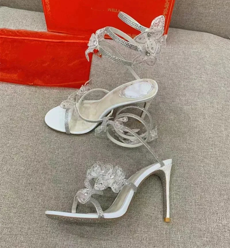 Luxury Rhinestones Flowers Women Gladiator Sandals Sexy Snake Twine Ankle Strap High heels Summer Wedding Prom Shoes Sandalias