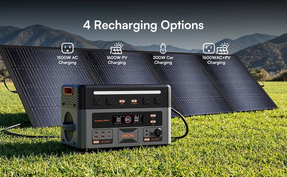 OSCAL 3600W Portable Power Station PowerMax 3600 PE Portable Solar Generator 2016Wh LiFePO4 Power Station 1.5H Fast Charging for Home RV Emergency With 100W Solar Panel