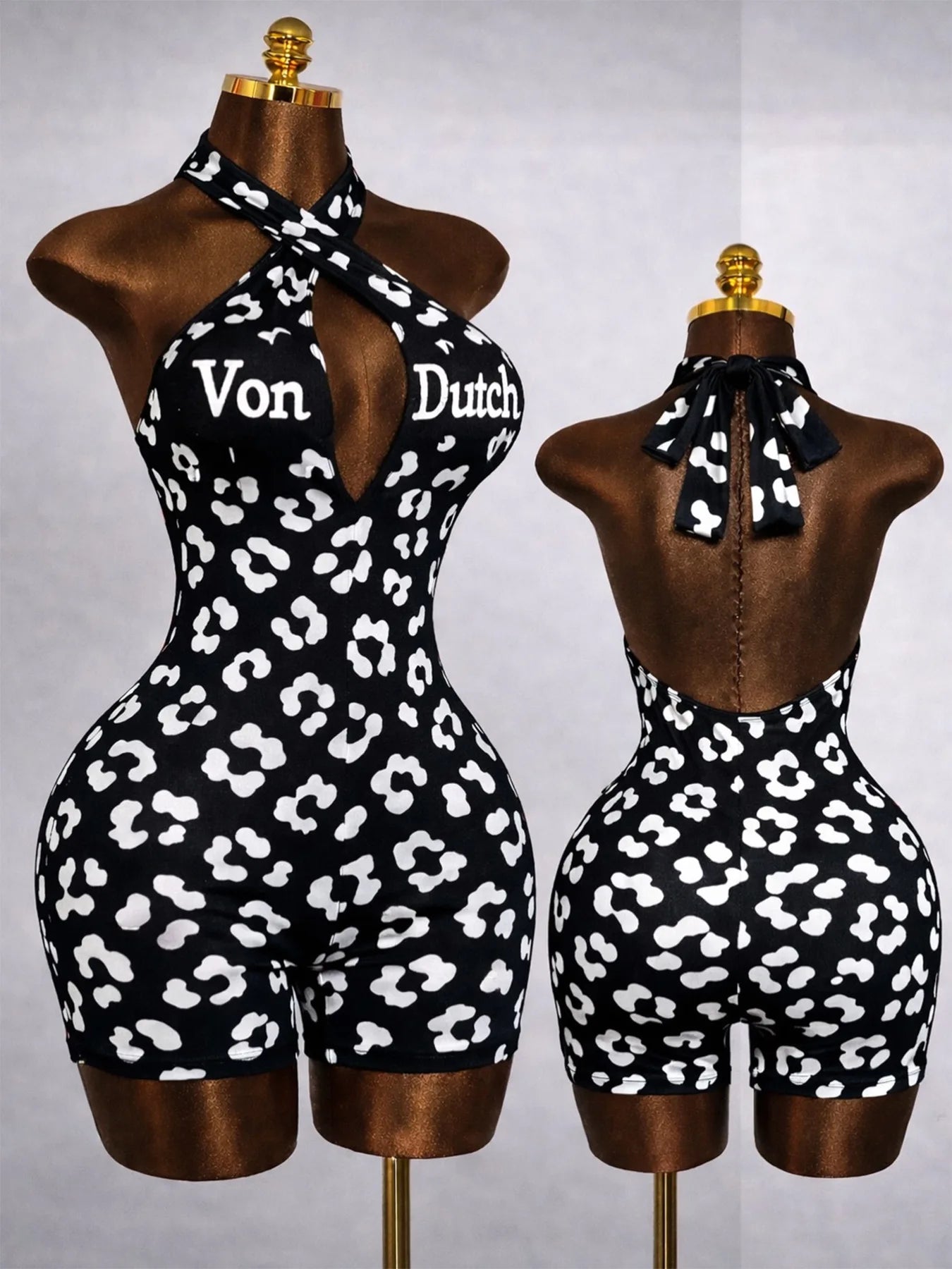 Women Jumpsuit Spring Summer Fashion Letter Print Crossed-Neck Deep V Backless Shorts Jumpsuit Girl Sexy Leopard Bodycon Rompers