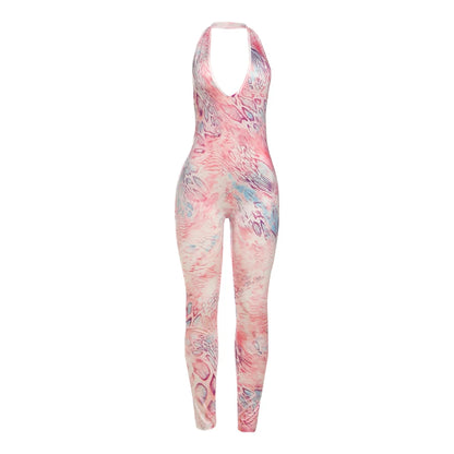 Weird Puss Colorful Print Jumpsuit Women Halter Deep v-Neck Sexy Backless Sleeveless Skinny Peach Hip Street Activity Overalls