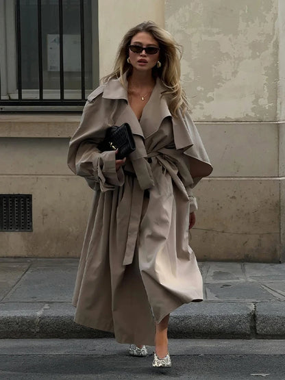 Women Khaki Long Color-block Stripe Trench Coat Wide Lapel Loose Drop Shoulder Blue Lining Slit Windbreaker Commute Outing Coats