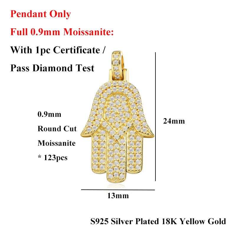 EWYA Hamsa Hand Full 0.9mm Moissanite Pendant Necklace for Woman Men 925 Silver Pass Diamond Test Hip Hop Fine Neck Jewelry Gift