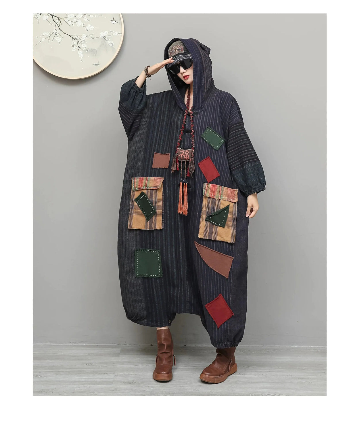 Unique Vintage-style Patchwork Jumpsuit Women Autumn Loose Hooded Long Sleeves Overalls LX6788